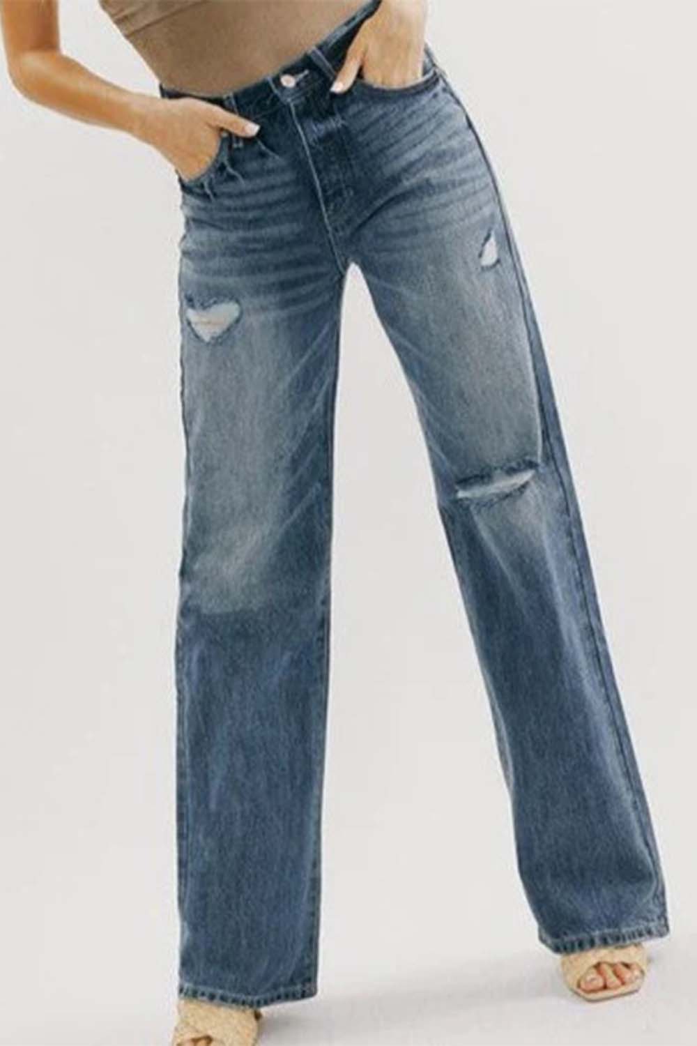 Button Fly Distressed Washed Jean Pants