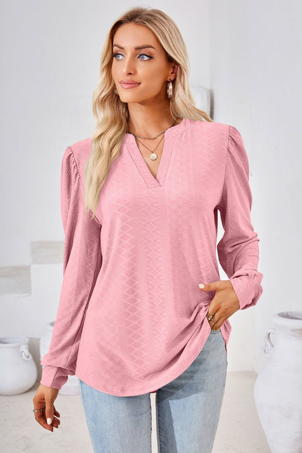 Notched V-Neck Puff Sleeve Blouse
