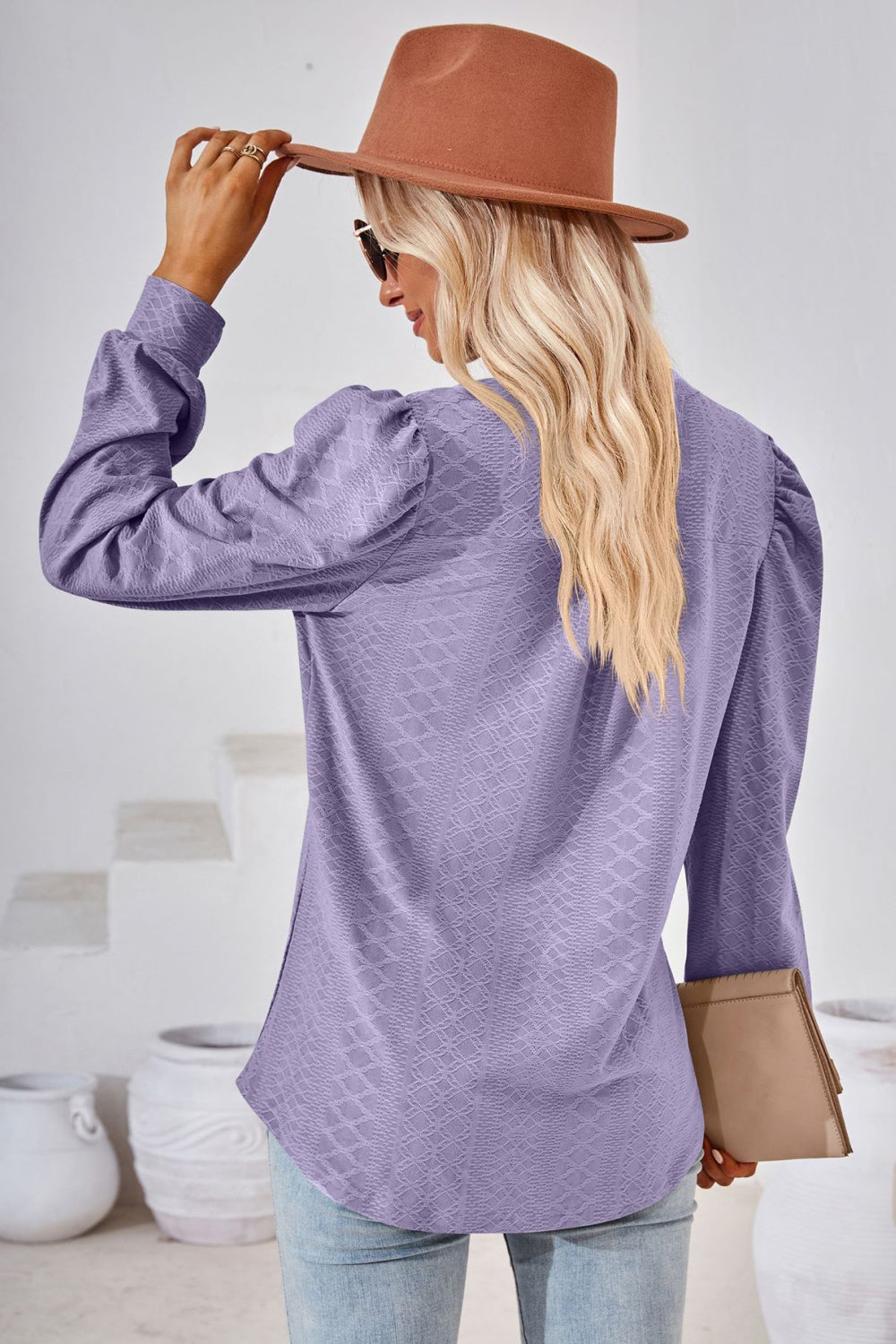 Notched V-Neck Puff Sleeve Blouse
