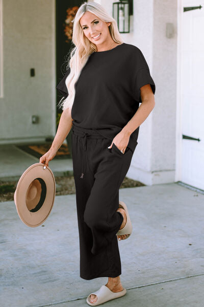 Textured Short Sleeve Top and Pants Set