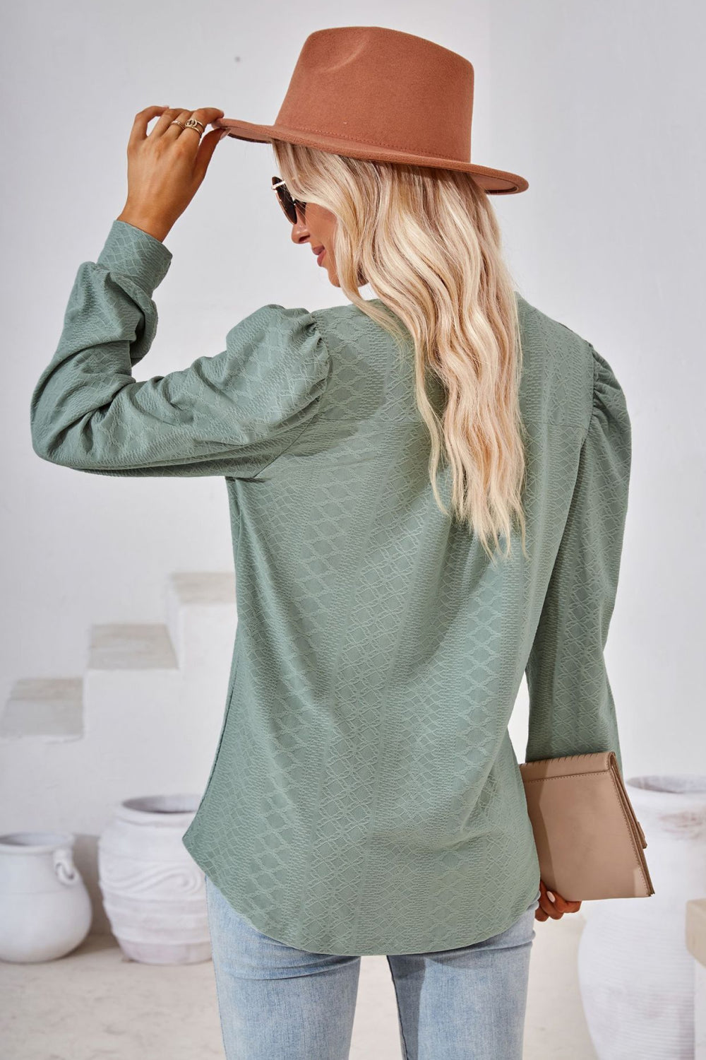 Notched V-Neck Puff Sleeve Blouse