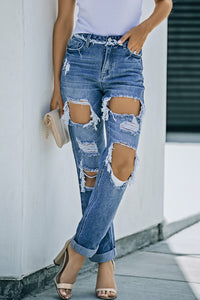 Distressed Frayed Trim Straight Leg Jeans Pants