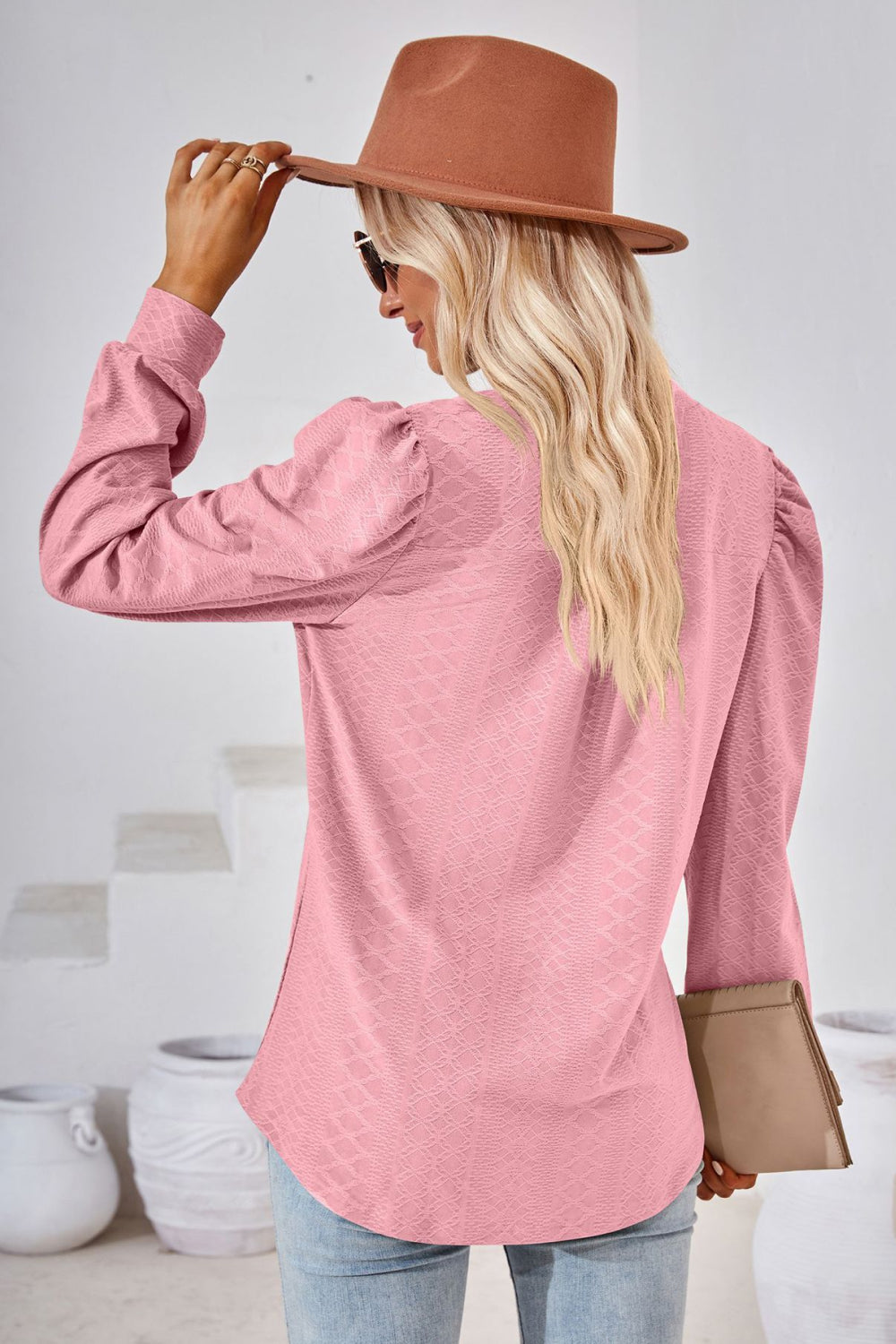 Notched V-Neck Puff Sleeve Blouse