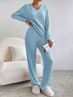 Load image into Gallery viewer, Ribbed V-Neck Long Sleeve Top and Pants Set
