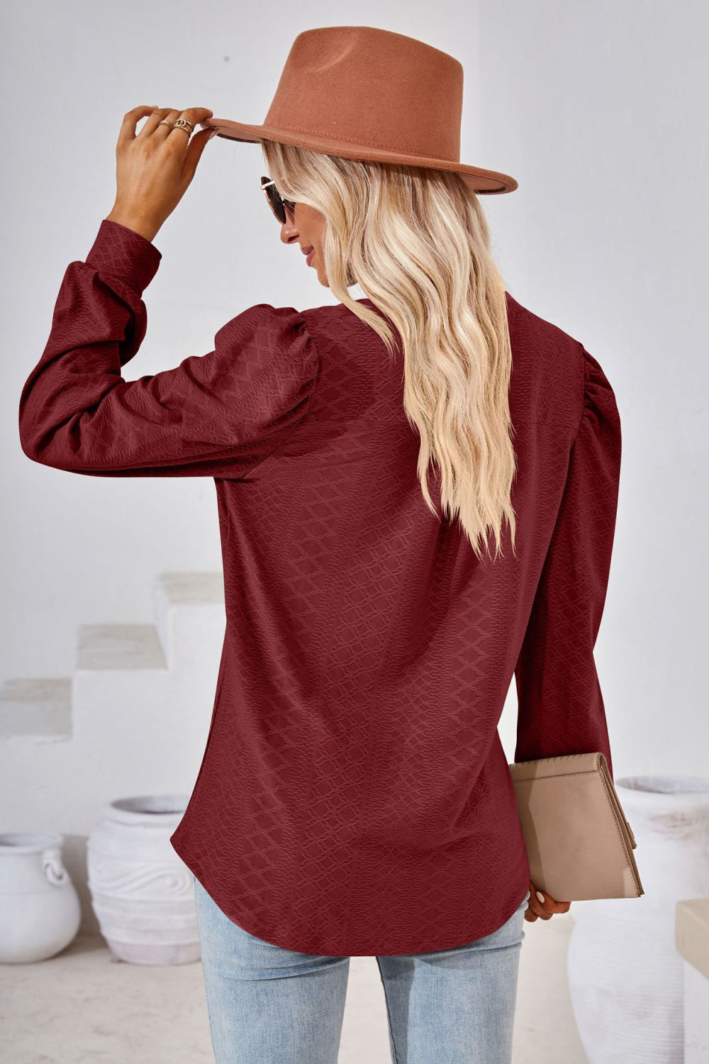 Notched V-Neck Puff Sleeve Blouse