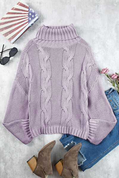 Cable-Knit Turtleneck Dropped Shoulder Sweater