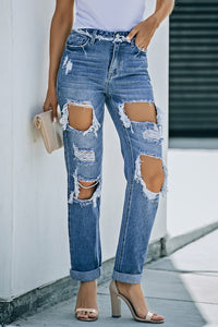 Distressed Frayed Trim Straight Leg Jeans Pants