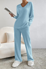 Load image into Gallery viewer, Ribbed V-Neck Top and Pants Set
