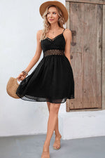 Load image into Gallery viewer, Swiss Dot Spaghetti Strap Spliced Lace Dress
