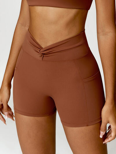 Twisted High Waist Active Shorts with Pockets