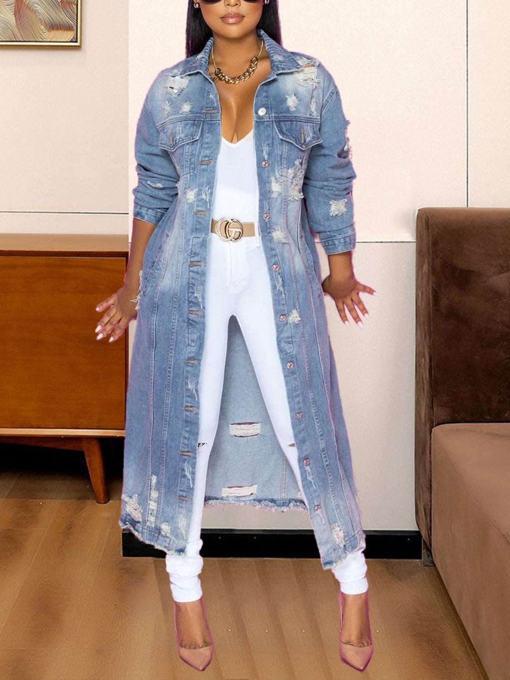 Long Sleeve Distressed Raw Hem Denim Jacket