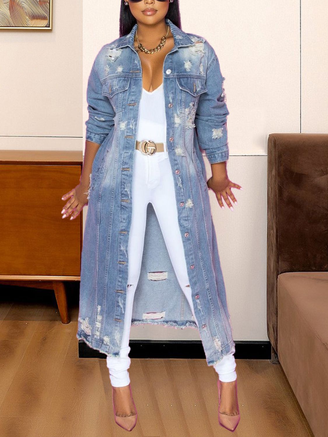 Long Sleeve Distressed Raw Hem Denim Jacket