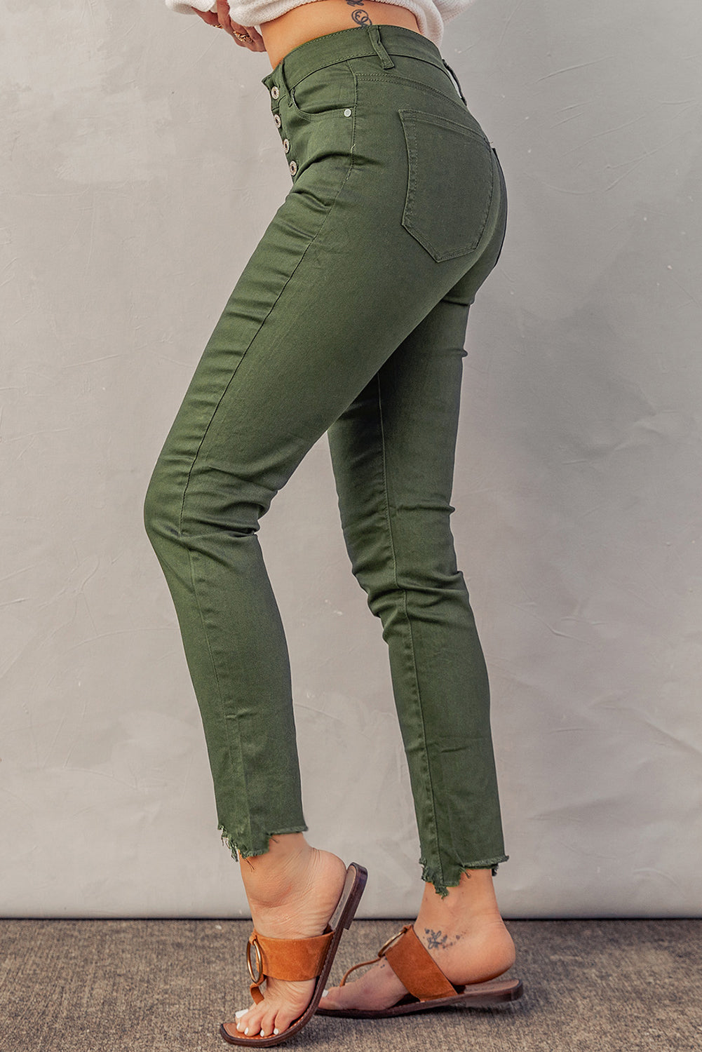 Button Fly Hem Detail Skinny Jean Pants