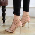 Studded T-Strap Stiletto Heels | Rivet Point Toe Pumps in Beige, Black, Pink & Red