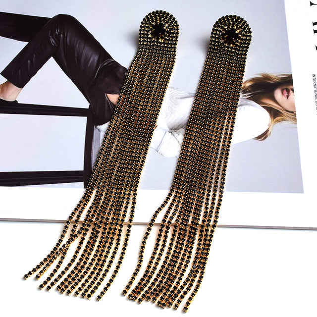 Crystal Curtain Tassel Drop Earrings | Ultra-Long Rhinestone Chain Fringe Earrings