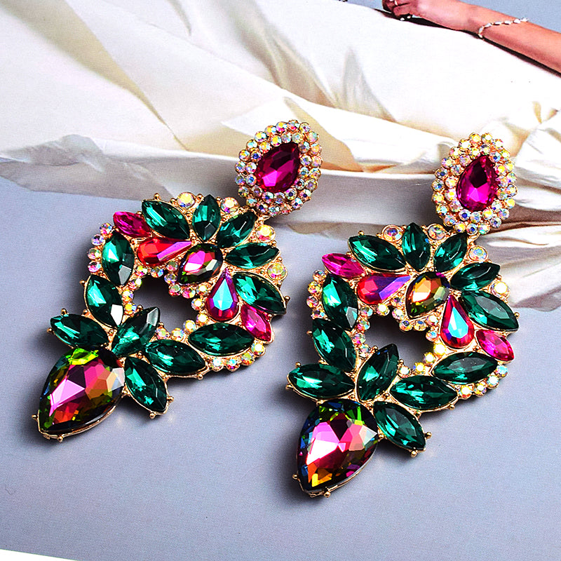 Long Colorful Crystal Drop Earrings — Rhinestone Irregular