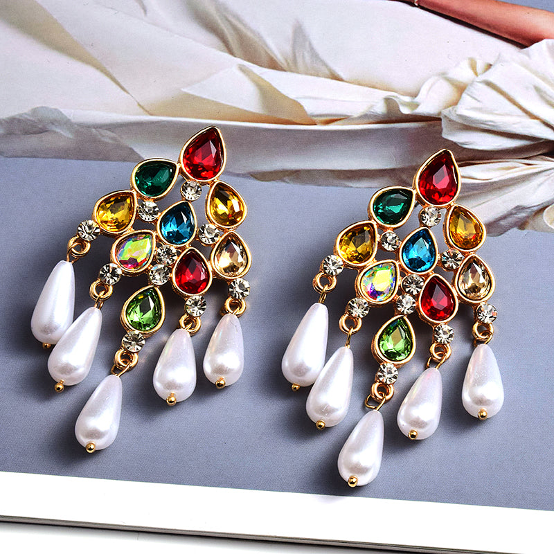Pearl Dangle Statement Earrings — Rhinestone Irregular Drop