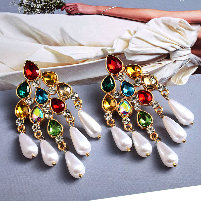 Pearl Dangle Statement Earrings — Rhinestone Irregular Drop
