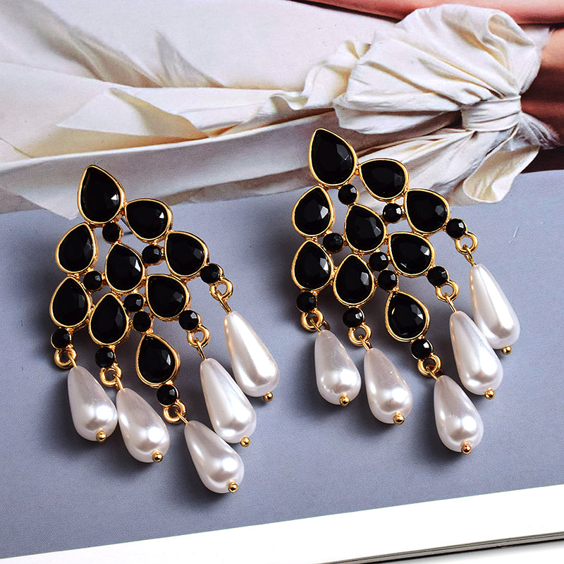 Pearl Dangle Statement Earrings — Rhinestone Irregular Drop