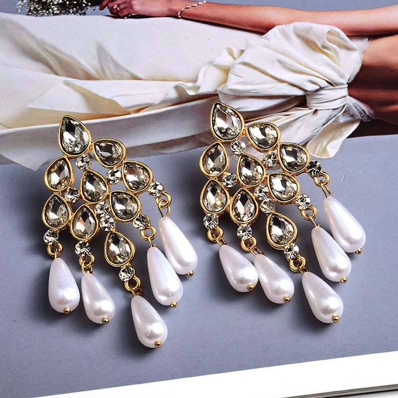 Pearl Dangle Statement Earrings — Rhinestone Irregular Drop