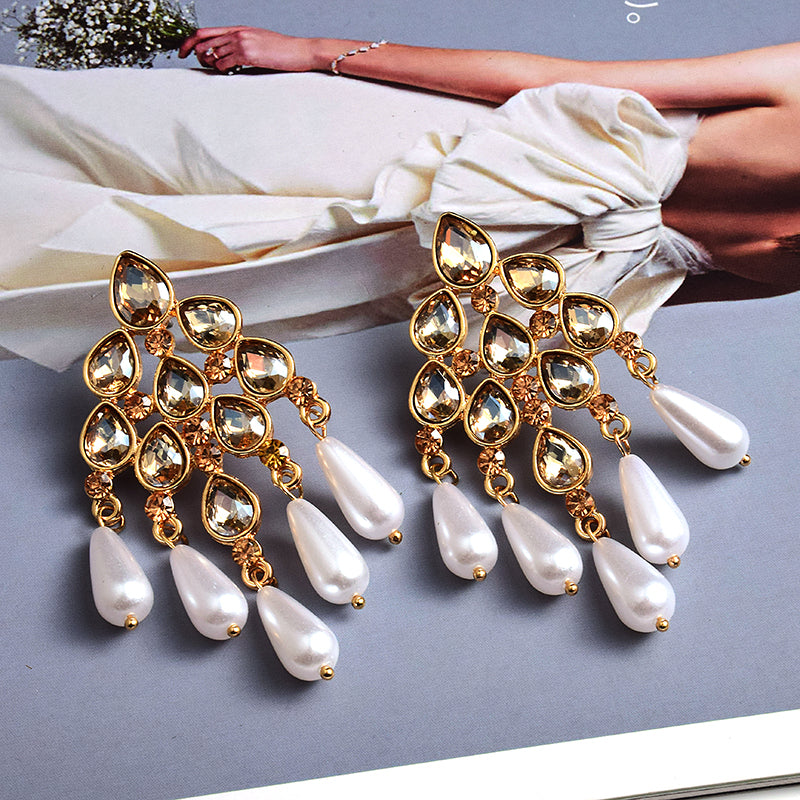 Pearl Dangle Statement Earrings — Rhinestone Irregular Drop