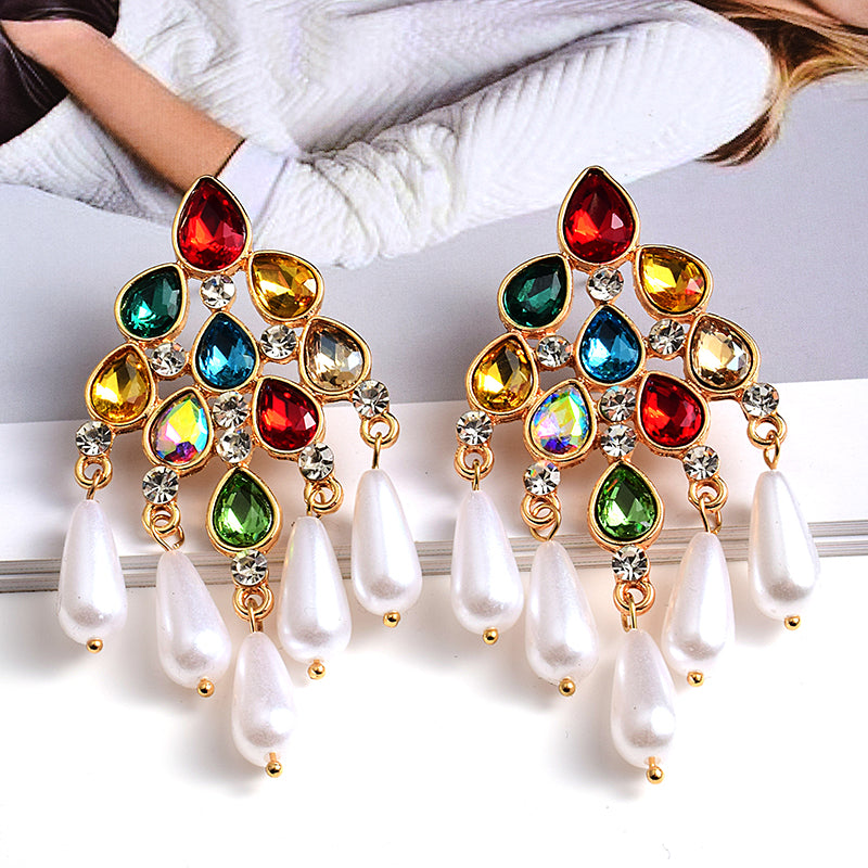 Pearl Dangle Statement Earrings — Rhinestone Irregular Drop