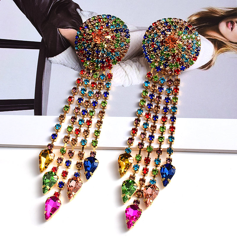 Crystal Disc Tassel Drop Earrings | Rhinestone Round Top with Marquise Fringe
