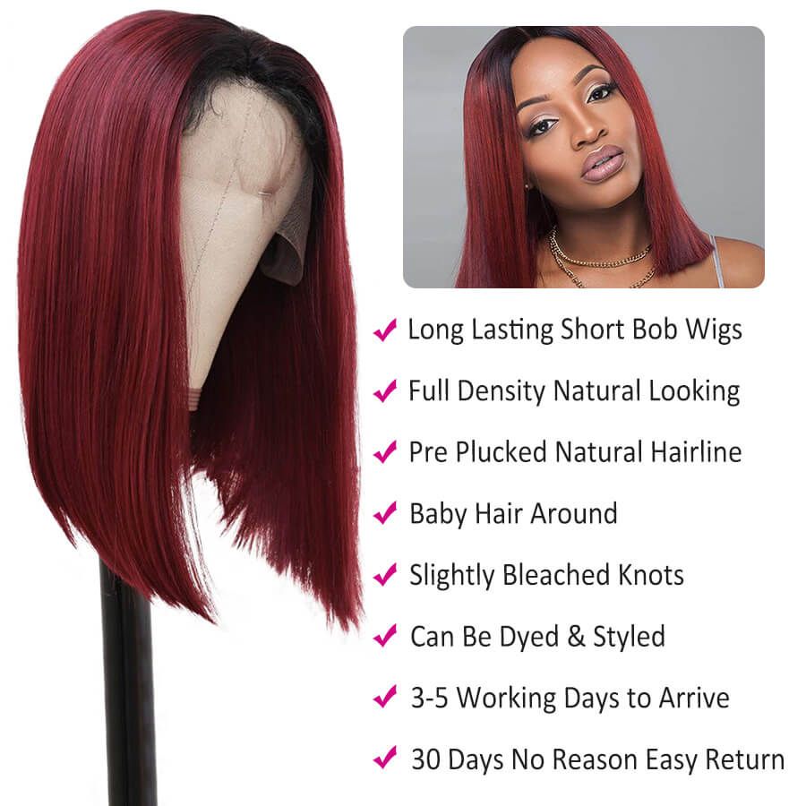 Burgundy Bob (Remy Pre-Plucked 4x4 Closure Wig 180 Density)