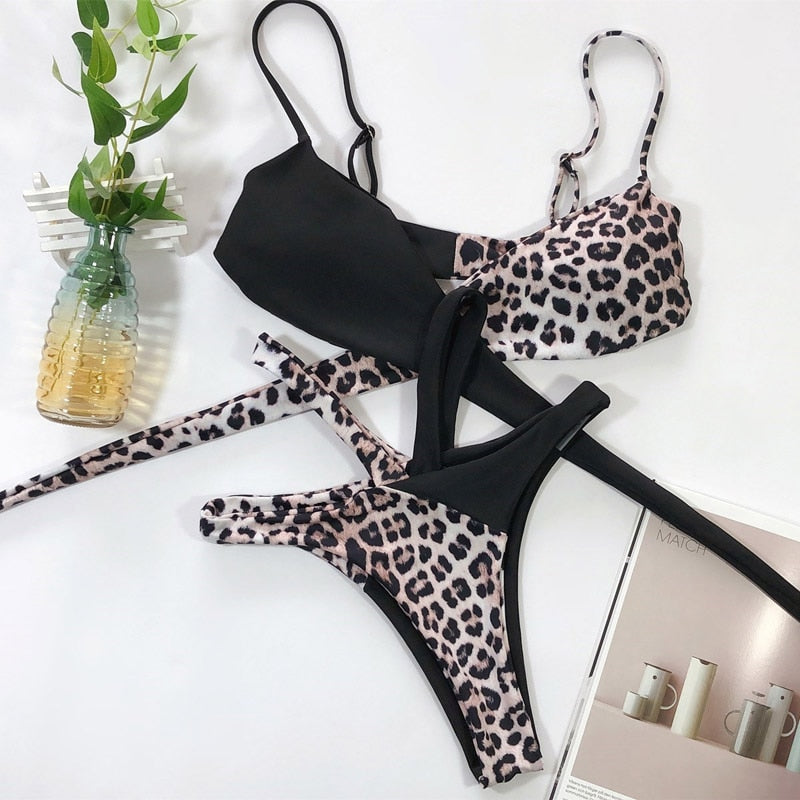 High-Waist Cut-Out Bikini Set — Animal Print & Solid