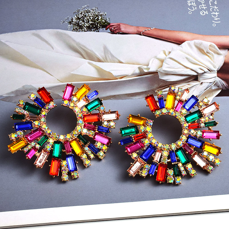 Round Geometric Crystal Statement Earrings