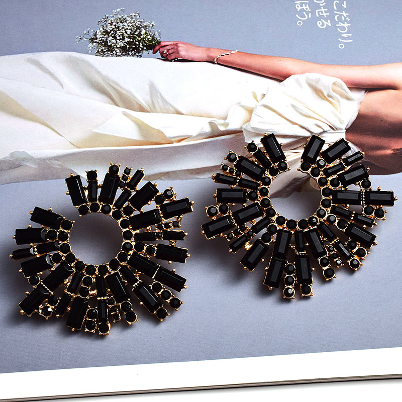 Round Geometric Crystal Statement Earrings