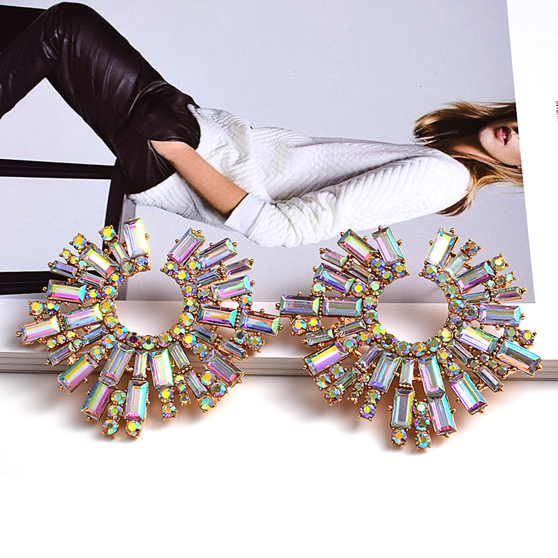 Round Geometric Crystal Statement Earrings