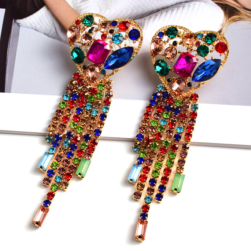 Crystal Heart Tassel Fringe Drop Earrings | Statement Rhinestone Chain Earrings