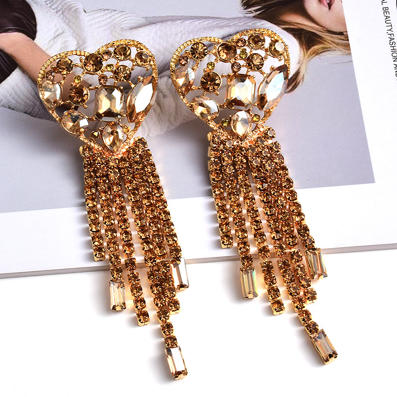 Crystal Heart Tassel Fringe Drop Earrings | Statement Rhinestone Chain Earrings