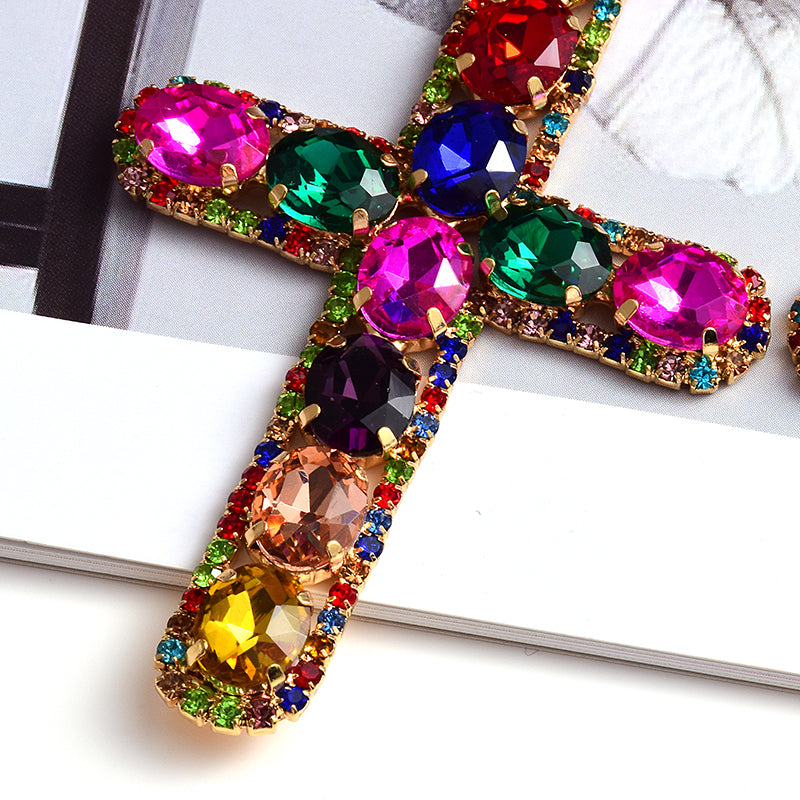 Vintage Cross Crystal Earrings — Colorful Glass Statement