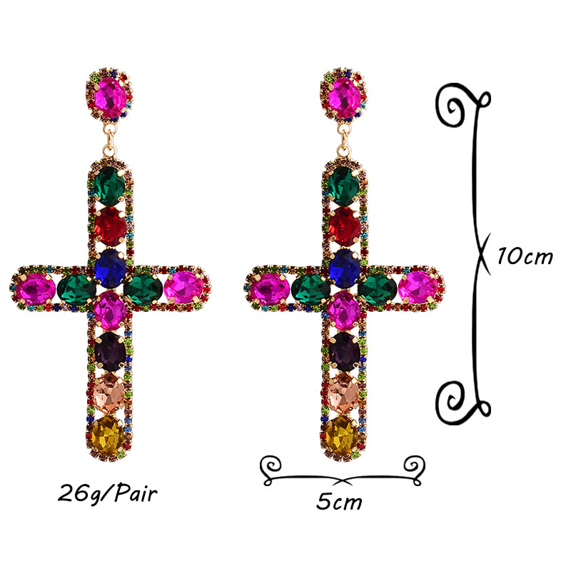 Vintage Cross Crystal Earrings — Colorful Glass Statement