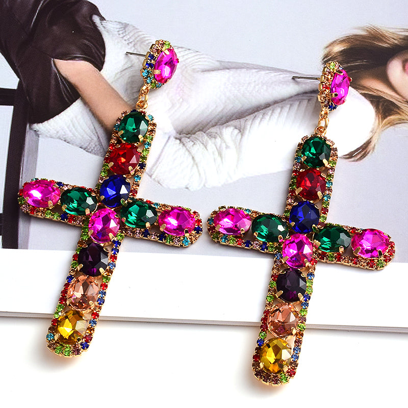 Vintage Cross Crystal Earrings — Colorful Glass Statement