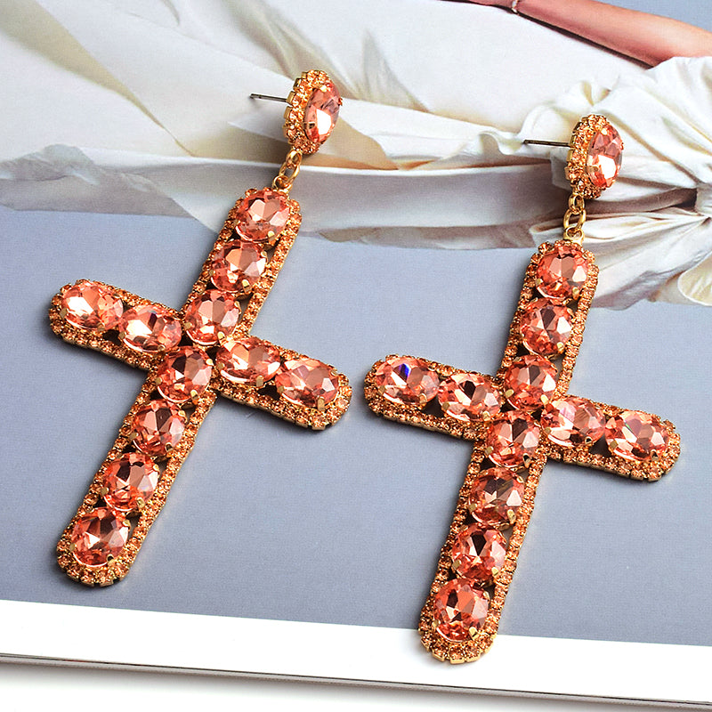 Vintage Cross Crystal Earrings — Colorful Glass Statement