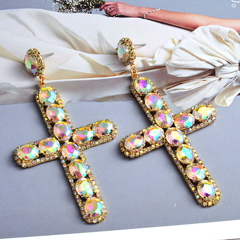 Vintage Cross Crystal Earrings — Colorful Glass Statement