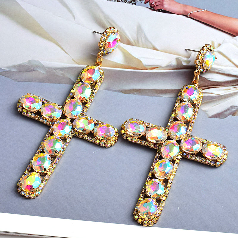 Vintage Cross Crystal Earrings — Colorful Glass Statement