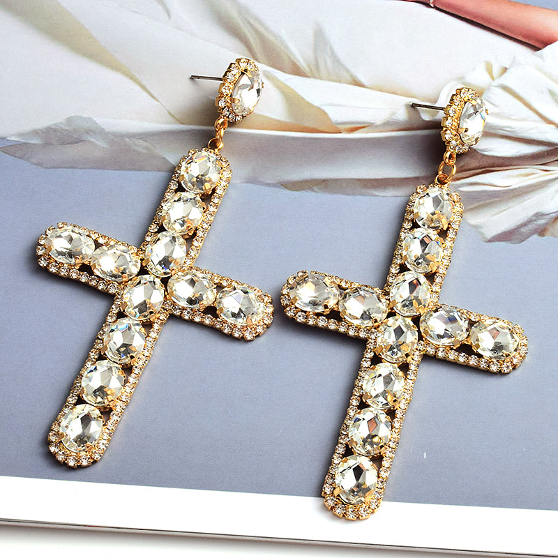 Vintage Cross Crystal Earrings — Colorful Glass Statement