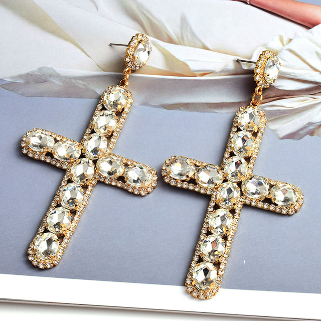Vintage Cross Crystal Earrings — Colorful Glass Statement