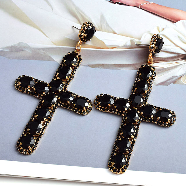 Vintage Cross Crystal Earrings — Colorful Glass Statement