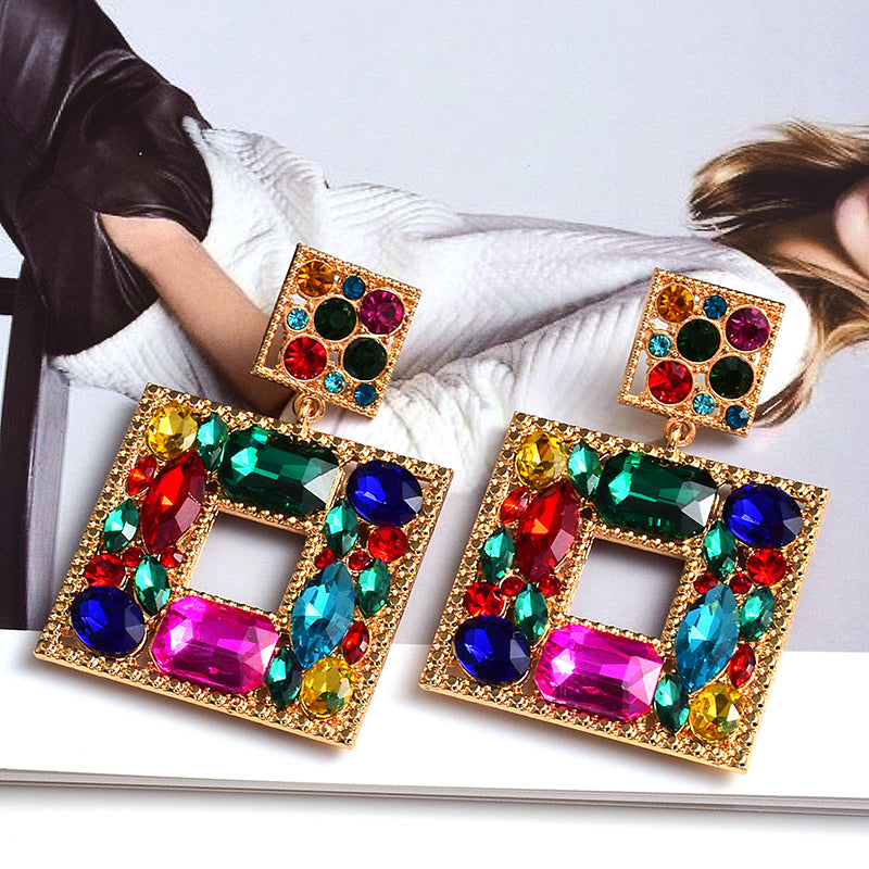 Square Crystal Statement Earrings — Colorful Glass Pendant