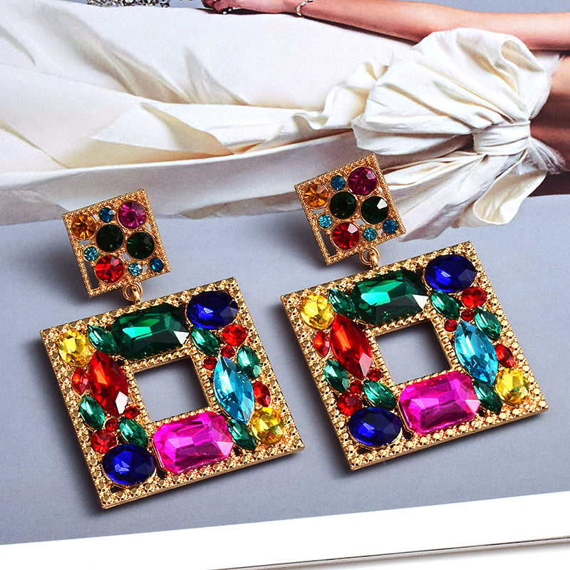 Square Crystal Statement Earrings — Colorful Glass Pendant