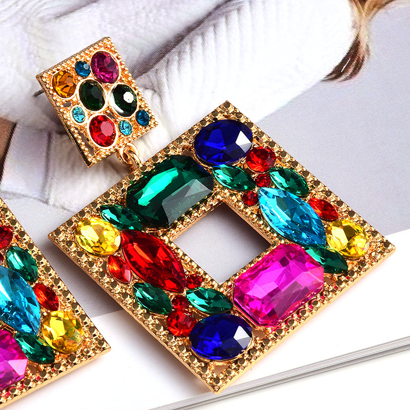 Square Crystal Statement Earrings — Colorful Glass Pendant