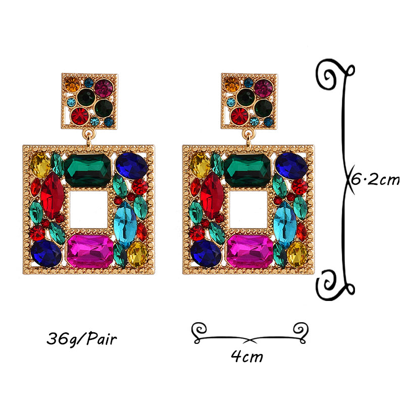 Square Crystal Statement Earrings — Colorful Glass Pendant