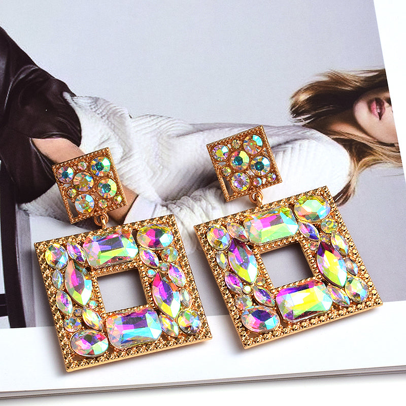 Square Crystal Statement Earrings — Colorful Glass Pendant