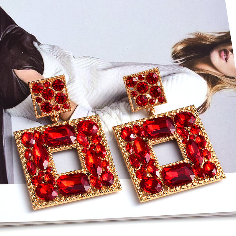 Square Crystal Statement Earrings — Colorful Glass Pendant
