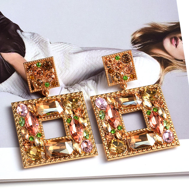 Square Crystal Statement Earrings — Colorful Glass Pendant